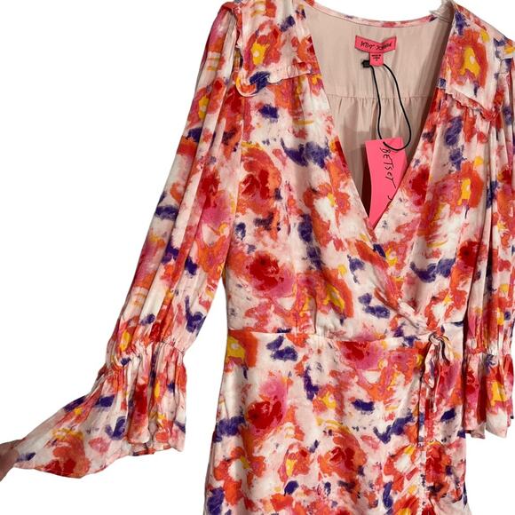 Betsey Johnson Dress Sunset Floral Wrap Pink Purple Ruffle Nwt $99 Sz 4 - Picture 6 of 15